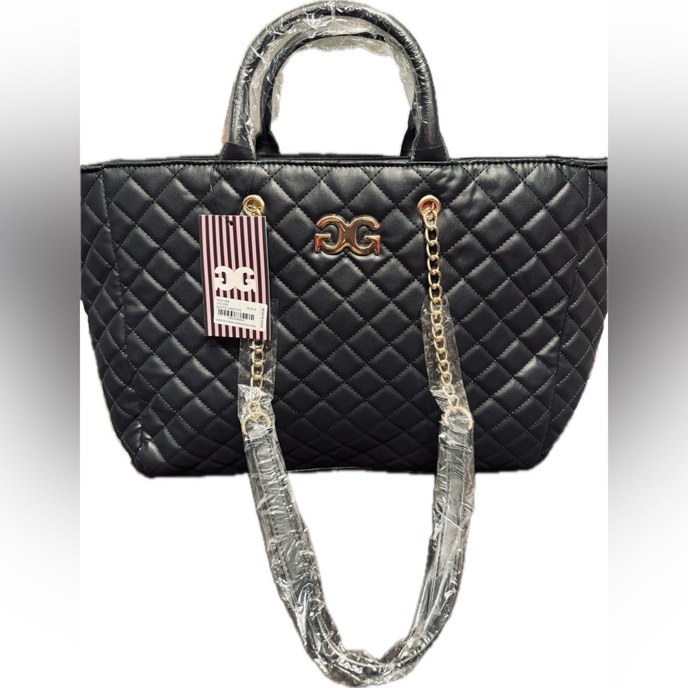 Gilda Paris Large Black Quilted Tote with Gold Accents NWT